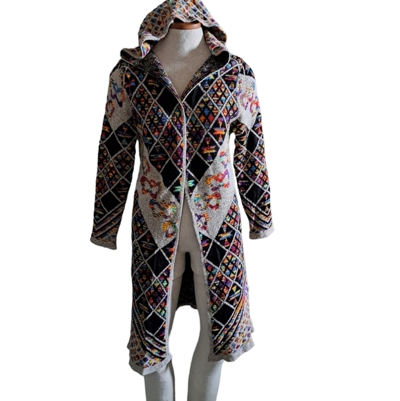 NORTHERN ANGEL Aztec Southwestern long open front cardigan duster hood sweater S - Picture 4 of 12